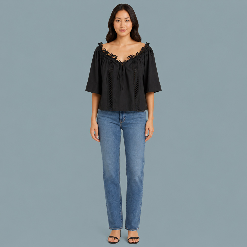 Temperley London Size 6 US Black Lace Tie Off Shoulder Crop Cotton Top Blouse